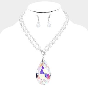 White Clear Beaded Glass Crystal Long Teardrop Pendant Necklace Set Silver